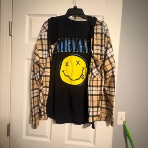 NIRVANA Black Tee with Yellow Smiley and Beige Plaid Shirt